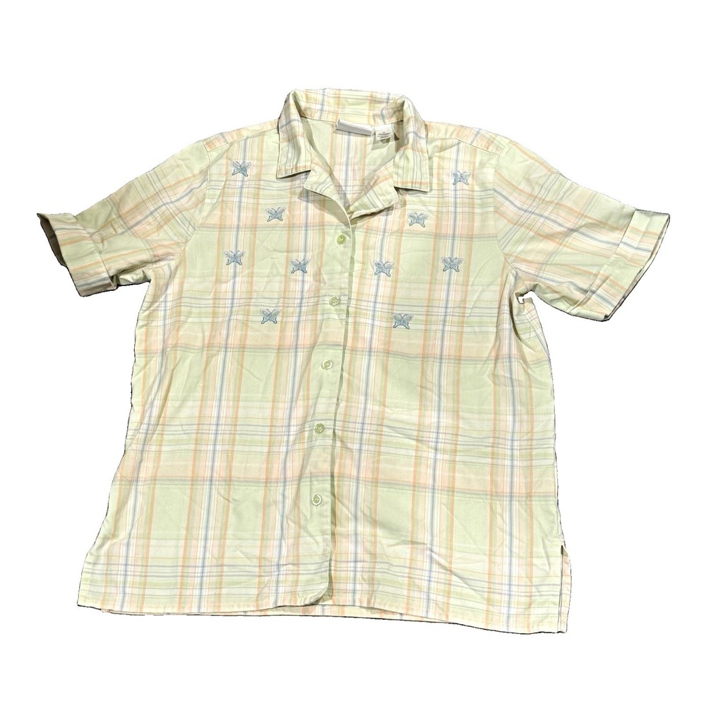 Vintage Butterfly Embroidered Pastel Plaid Shirt 10 Camp Collar Cottagecore Y2K